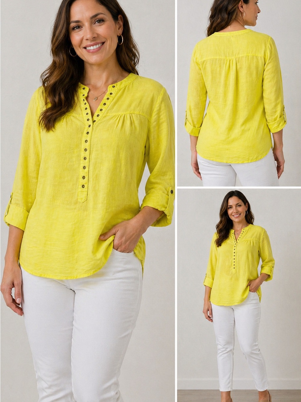 Yellow V-Neck Button Tunic Top - Women
